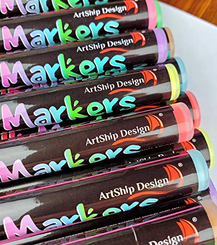 16 UV Fluorescent Neon Chalk Markers - Double Pack of Both Fine & Reversible Medium Tip Liquid Chalk Pens Wet Erasable Menu Boards, Glass, ArtShip Design