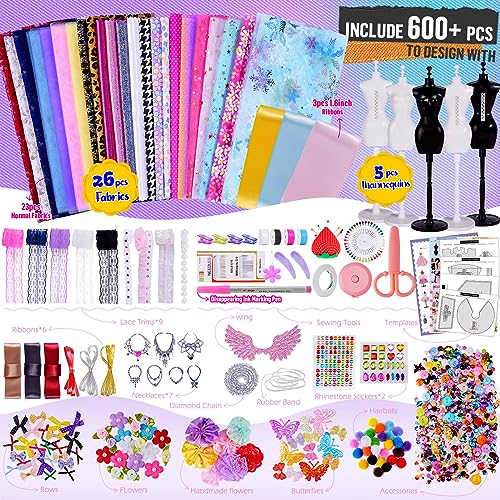 600+Pcs - Fashion Designer Kit for Girls with 5 Mannequins - Creativity DIY Arts and Crafts Kit Educational Toys - Sewing Kit for Kids Ages 8-12 - ONE TO FOUR