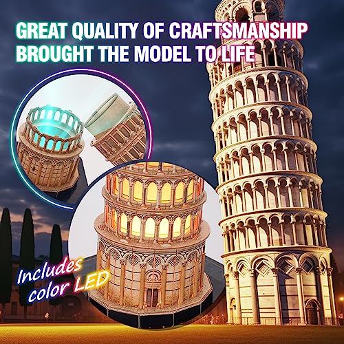 CubicFun 3D Puzzle LED Leaning Tower of Pisa with Colorful Lights 3D Puzzles for Adults Model Kits Italian Building Crafts for Adults Brain Teaser - WoodArtSupply