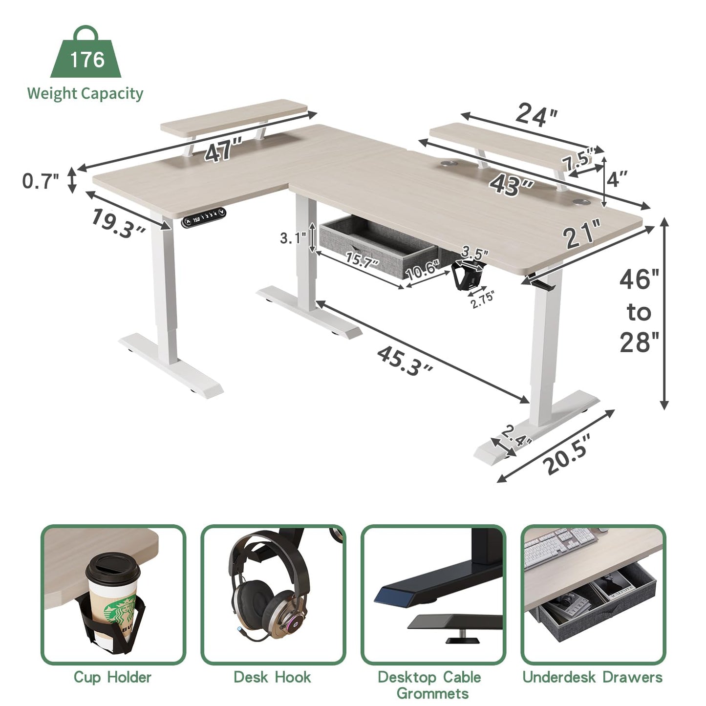 BUNOEM Extra Large 63x28 in Electric L-Shaped Standing Desk with One Drawer, Sit & Stand Home Office Desk with Storage Space, Splice Board with White - WoodArtSupply