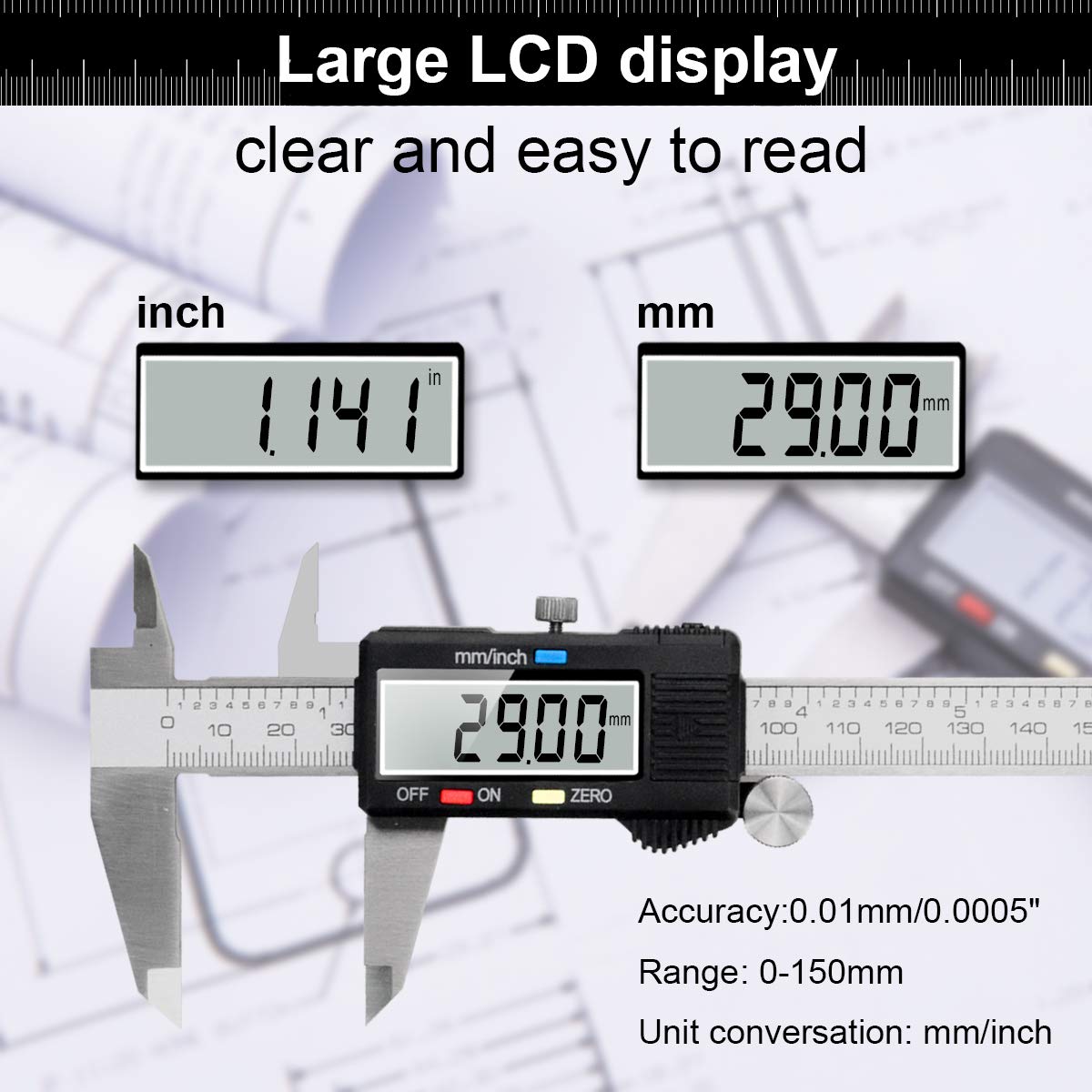 Caliper Measuring Tool, Qfun Vernier Digital Caliper Stainless Steel 6 Inch/150mm, Digital Micrometer Waterproof, Easy Switch from Inch to - WoodArtSupply