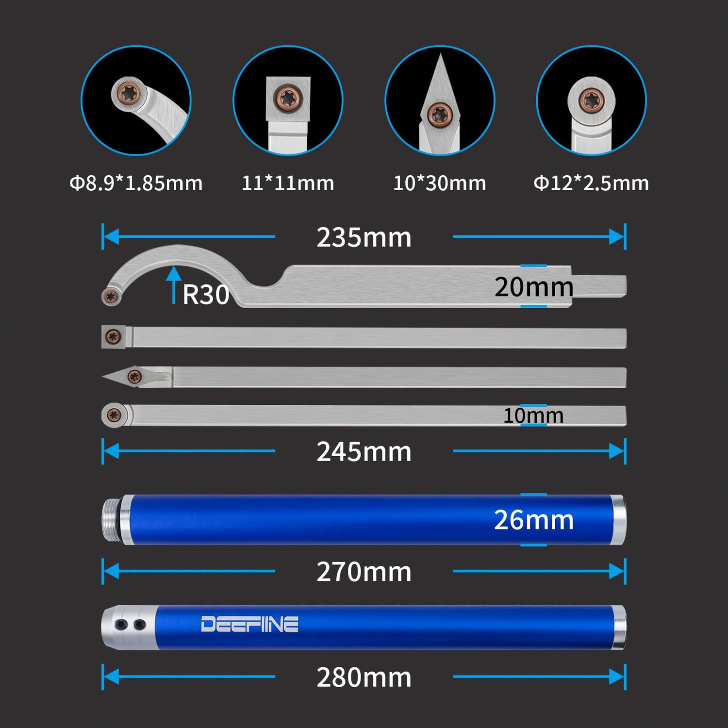 DEEFIINE Carbide Tip Wood Lathe Turning Tool set With Bowl sander, Lathe Roughing and Finishing Hollowing Tool Interchangeable Aluminum Alloy Handle DEEFIINE