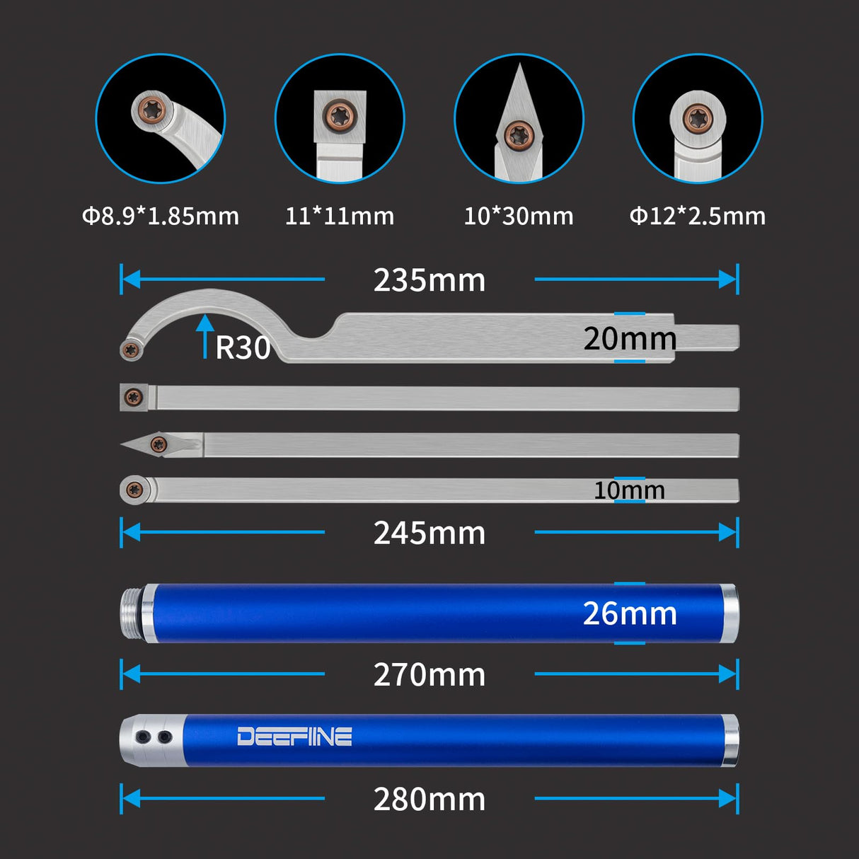 DEEFIINE Carbide Tip Wood Lathe Turning Tool set With Bowl sander, Lathe Roughing and Finishing Hollowing Tool Interchangeable Aluminum Alloy Handle DEEFIINE