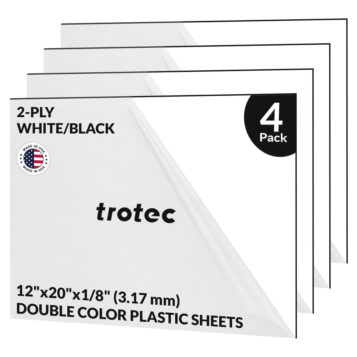 Trotec TroLase | 12"x20"x1/8", 4 Pcs | White/Black | 2 Ply | Modified Acrylic | Laser Engraving Double Color Plastic Sheet | Engraving Blanks for TROTEC