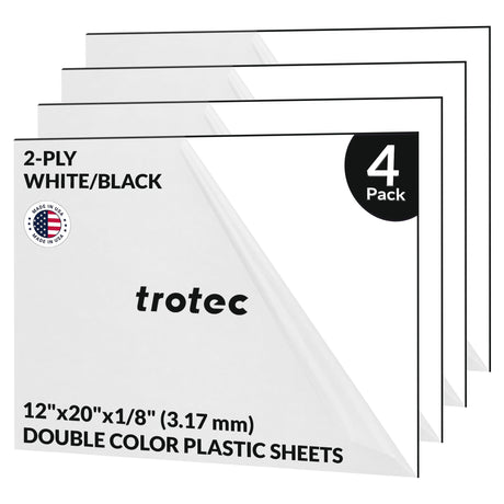 Trotec TroLase | 12"x20"x1/8", 4 Pcs | White/Black | 2 Ply | Modified Acrylic | Laser Engraving Double Color Plastic Sheet | Engraving Blanks for TROTEC