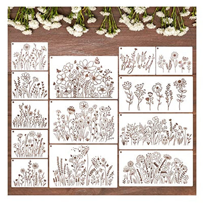 13 Pieces Wildflower Stencils Flower Stencils for Painting Wood, Reusable Spring Floral Field Plants Wild Flower Stencils for Crafts Wall Canvas