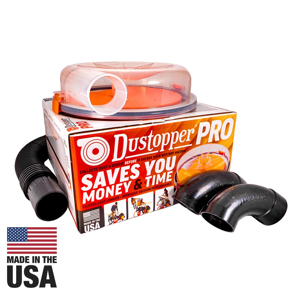 Dustopper PRO, Low-Profile Dust Collector for Shop Wet/Dry Vacuums. Includes High-Flow 90 Degree Sweep Elbows and Connection Hose. Fits Standard 5 Dustopper