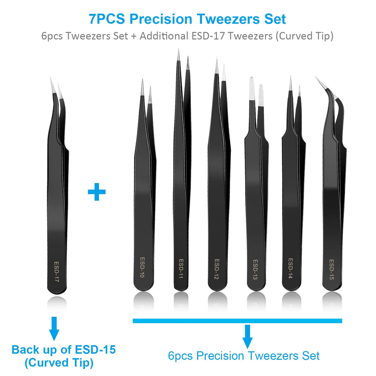 YHYZ 7pcs Precision Tweezers Set, Premium Anti-Static Stainless Steel ESD Tweezers Set Kit for Electronics, Sodlering，Jewelry, Craft, Laboratory YHYZ
