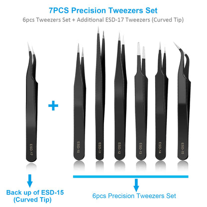 YHYZ 7pcs Precision Tweezers Set, Premium Anti-Static Stainless Steel ESD Tweezers Set Kit for Electronics, Sodlering，Jewelry, Craft, Laboratory - WoodArtSupply