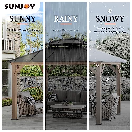 Sunjoy 10 x 12 ft. Wood Gazebo, Outdoor Patio Steel Hardtop Gazebo, Cedar Framed Wooden Gazebo with 2-Tier Metal Roof, Suitable for Patios, Lawn and Sunjoy