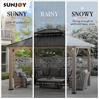 Sunjoy 10 x 12 ft. Wood Gazebo, Outdoor Patio Steel Hardtop Gazebo, Cedar Framed Wooden Gazebo with 2-Tier Metal Roof, Suitable for Patios, Lawn and