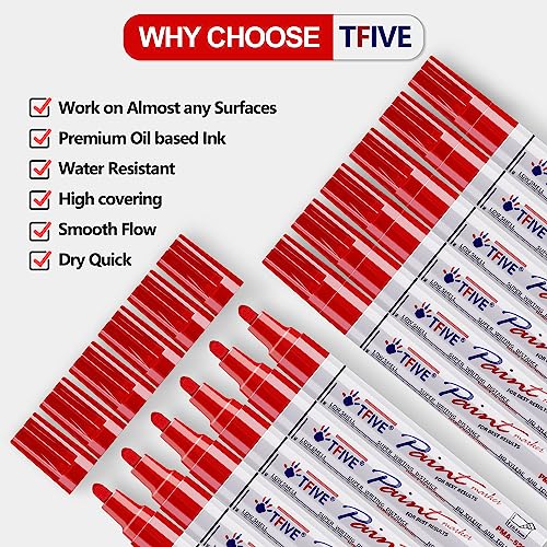 TFIVE Red Paint Pens Markers - 12 Pack Oil Based Permanent Marker, Medium Tip, Never Fade, Quick Dry, Waterproof Paint Pen for Rocks Painting, Wood,