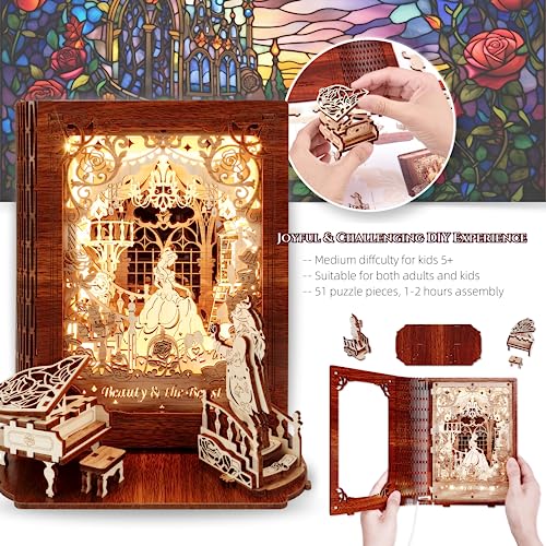 Beauty and the Beast 3D Puzzle Nightlight by FUNPOLA – LED Wood Storybook Decor for All Ages FUNPOLA