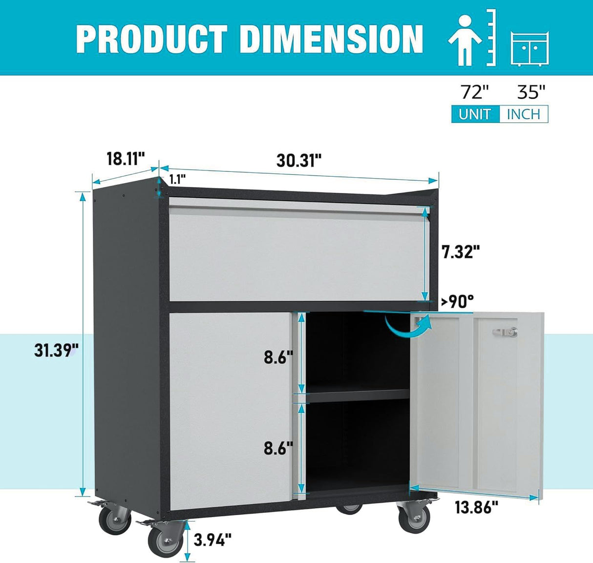 Waqiv Rolling Garage Storage Cabinet with Door and Drawer, Lockable Metal Tool Cabinet on Wheels for Garage, Home, Office, Black & Gray, Assembly Waqiv