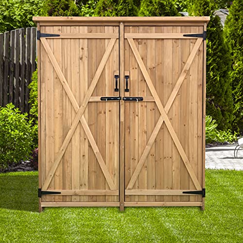 Hanover Outdoor Storage Shed, Double Door Wood Shed for Tools and Garden Supplies with Shelf and Locking Latch, 36 Cu.Ft. Capacity (4.4' x 5' x Hanover