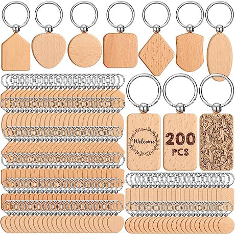Tradder 200 Pcs Wooden Keychain Blanks Wood Key Chain Bulk Unfinished Wooden Key Ring Rectangle Round Blank Key Chains Wooden Key Tags Wood Craft Tradder