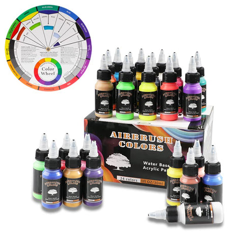 SAGUDIO Airbrush Paint Set 24 Colors (30 ml/1 oz) Opaque & Water Based,Fluorescent Acrylic Paint with Color Wheel - Ready to Spray SAGUDIO