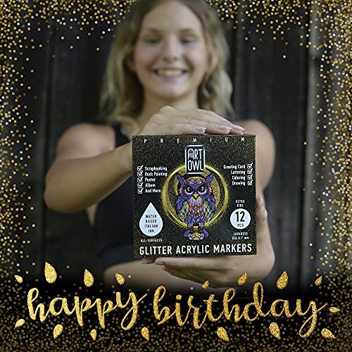 Art Owl 12 Basic Acrylic Paint Pens Extra Fine Tip and 12 Glitter Paint Markers Extra Fine Tip, Bundle for Rock Painting, Stone, Ceramic, Glass, Wood Art Owl