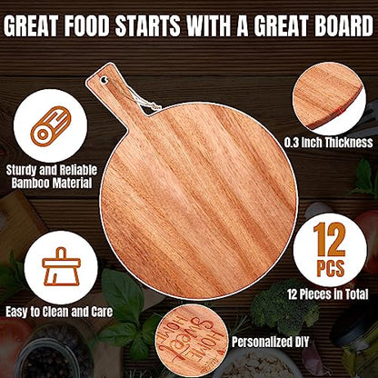 Patelai 12 Piece Round Wood Cutting Board Pizza Peel with Handle Laser Engraving Serving Board Charcuterie Cheese Bread Cutting Board for DIY Wedding - WoodArtSupply