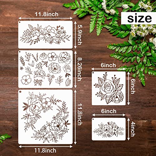 11Pcs Large Flower Stencils for Walls Canvas Fabric Craft, Floral Rose Stencil for Painting on Wood Reusable Magnolia Hibiscus Layering Paint