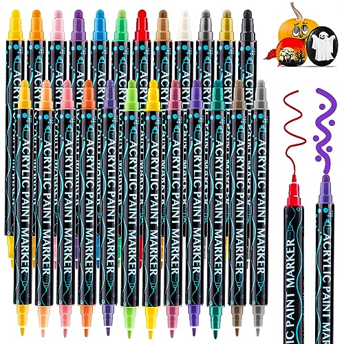 24 Colors Acrylic Paint Pens,Dual Tip Acrylic Paint Markers with Brush Tip and Fine Tip,Acrylic Paint Markers for Wood, Canvas, Stone, Rock Painting,