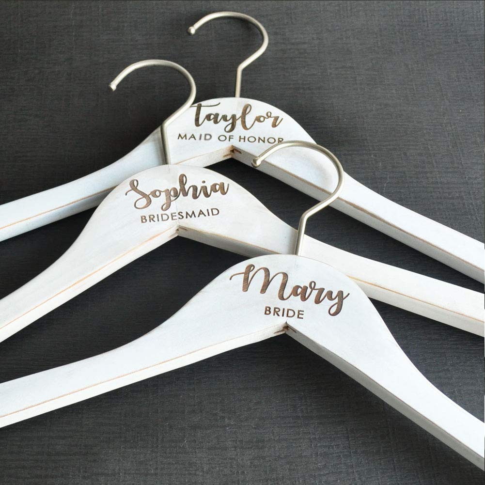 Clibeslty Personalized Bride Hanger,Engraved Bridesmaid Hanger,Name Engraved Wood Hanger Bridal Party Wedding Gifts(White) Clibeslty