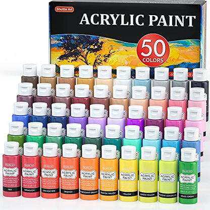 Shuttle Art Acrylic Paint, 50 Colors Acrylic Paint Set, 2oz/60ml Bottles, Rich Pigments, Water Proof, Premium Acrylic Paints for Artists, Beginners - WoodArtSupply