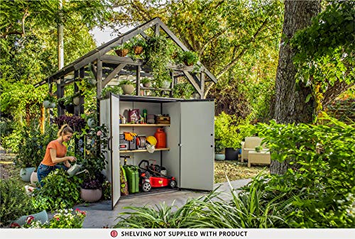 Keter Premier Tall 4.6 x 5.6 ft. Resin Outdoor Storage Shed with Shelving Brackets for Patio Furniture, Pool Accessories, and Bikes, Grey & Black Keter