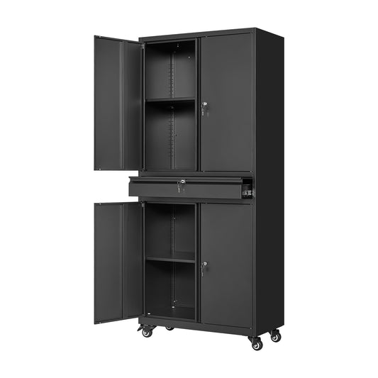 STANI Metal Garage Storage Cabinets with Drawer, 4 Doors Tool Storage Cabinet with 2 Adjustable Shelves, 72"-Rolling Steel Locking Cabinet for Garage - WoodArtSupply