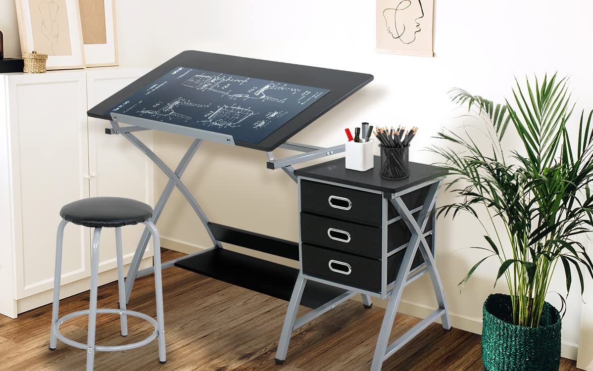 ZENY Drafting Table and Stool Set Tabletop Tilted Drawing Table Drafting Desk w/Drawers Artists Workstation, Art Craft Supplies ZENY