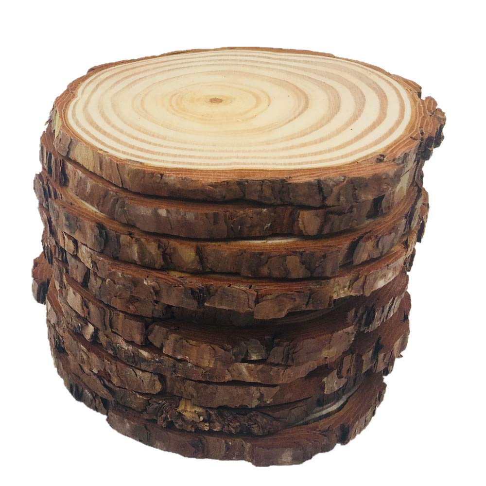 10pcs Wood Slices 4-4.7 inch Unfinished Natural with Tree Barks Diameter Large Circle Rustic Wedding Centerpiece Disc Coasters Christmas Ornaments - WoodArtSupply