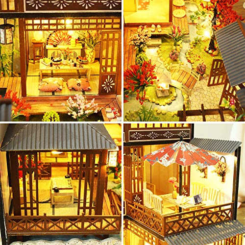 Spilay DIY Dollhouse Miniature with Wooden Furniture,DIY Dollhouse Kit Big Japanese Courtyard Model with LED & Music Box,1:24 Scale Creative Room