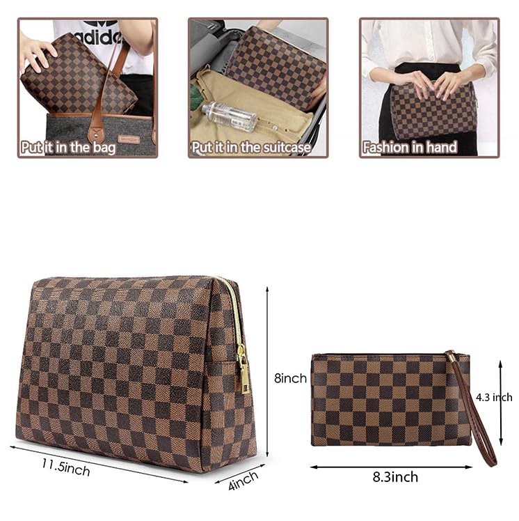 BAGCRAZY Makeup Bag, Cosmetic Bag, Portable Leather Large Checkered Makeup Bag, 2 Pack Large Capacity Travel Cosmetic Bag for Women, Lightweight - WoodArtSupply