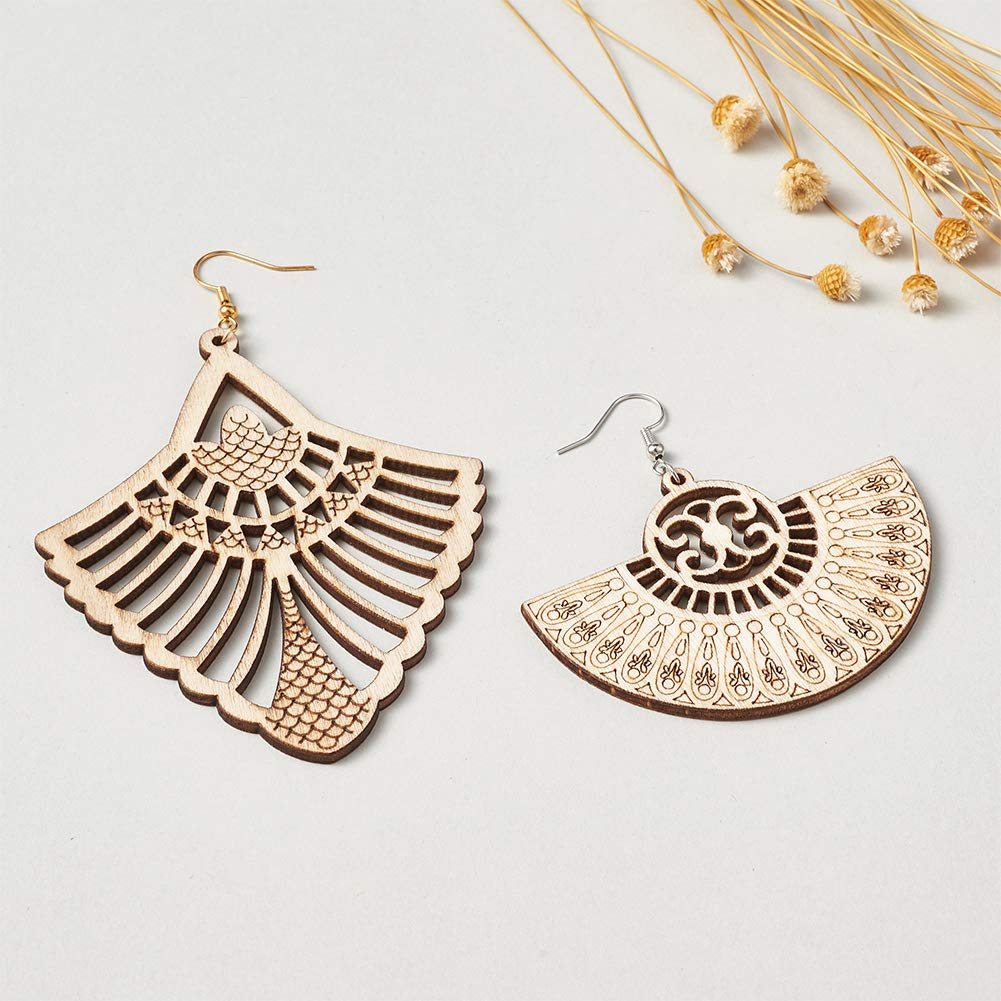 Pandahall 1 Box Natural Wood Dangle Earrings Kit with 48pcs Unfinished Wooden Filigree Earrings Pendants Blank with Stainless Steel Jump Rings and PH PandaHall