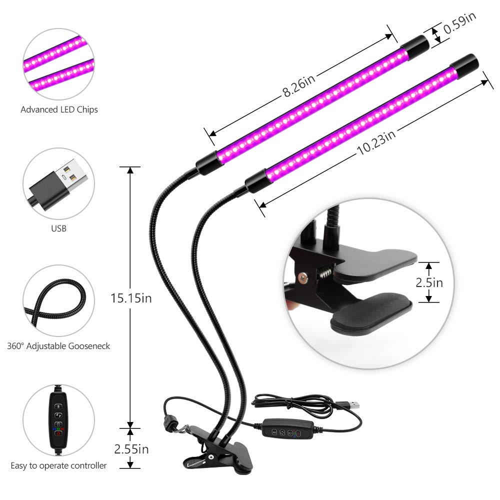 YGS-Tech LED Black Light Dual Head, 20W UV Light Fixture with Clamp, 395-405nm UV Gooseneck Lamp USB Powered for Blacklight Party, Stage Lighting, YGS-Tech