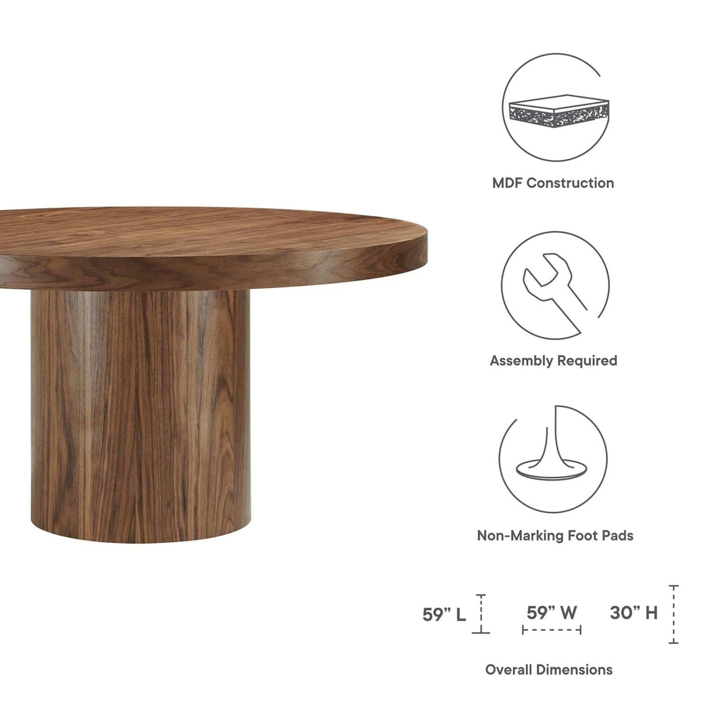 Modway Gratify 59" Round MDF Wood Dining Table in Walnut Finish