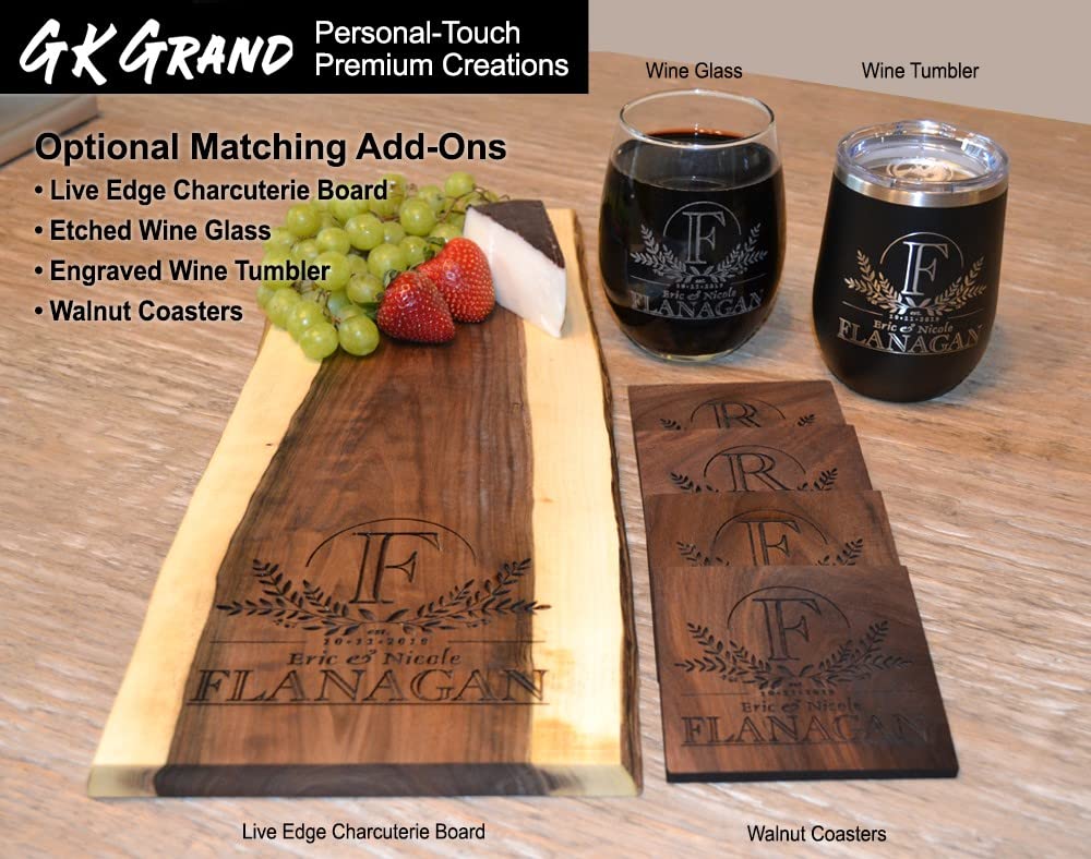 Personalized Cutting Board Wedding Gift – Walnut Live Edge Wood Customized Monogramed Bride Groom Unique Engraved Rustic Elegance Display Newlywed GK Grand Personal-Touch Premium Creations