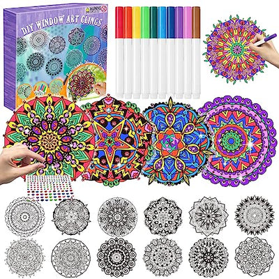Insnug Color Your Own Mandala Window Cling, Arts and Crafts for Kids Ages 8-12, Crafts for Teens Adult Elderly, Teen Girl Gifts Trendy Stuff, Mandala