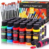 Acrylic Paint Set with 12 Art Brushes, 24 Colors (2 oz/Bottle) Acrylic Paint for Painting Canvas, Wood, Ceramic and Fabric, Paint Set for Beginners, TMOL