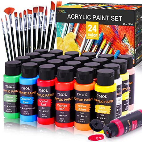 Acrylic Paint Set with 12 Art Brushes, 24 Colors (2 oz/Bottle) Acrylic Paint for Painting Canvas, Wood, Ceramic and Fabric, Paint Set for Beginners, TMOL