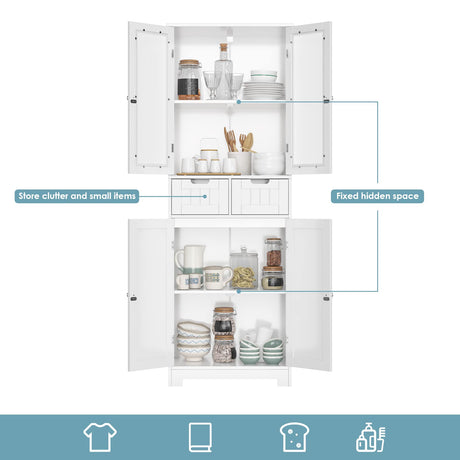 HORSTORS 67" Tall Storage Cabinet, Freestanding Pantry Cabinet with Glass Door and Shelves, Linen Bathroom Cabinet with 2 Drawers for Living Room, HORSTORS
