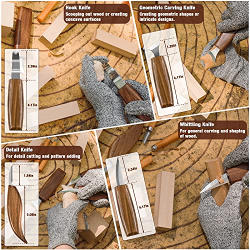Wood Carving Kit, 23pcs Wood Carving Tool with 4PCS Wood Carving Knives & 5PCS Detail Knives 9 Basswood Blocks & Gloves & Roll Bag & Strop Block &
