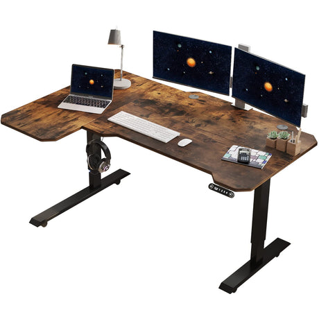 HEONAM 59'' L Shaped Electric Height Adjustable Standing Desk, Sit to Stand Home Office Computer Desk with Black Frame & Rustic Brown Top HEONAM