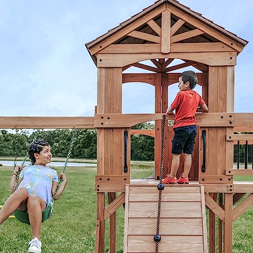 Backyard Discovery Sterling Point All Cedar Wooden Swing Set, Raised Clubhouse, Grey Wave Slide, Web Swing, Climbing Wall, 10ft Wave Slide, 2 Belt - WoodArtSupply