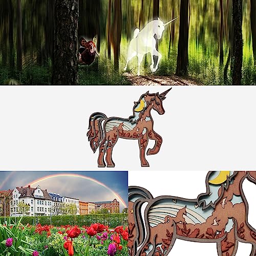 3D Wooden Animals Carving LED Night Light, Wood Carved Lamp Modern Festival Decoration Home Decor Desktop Desk Table Living Room Bedroom Office Farmhouse Shelf Statues Perfect Gifts (Unicorn)