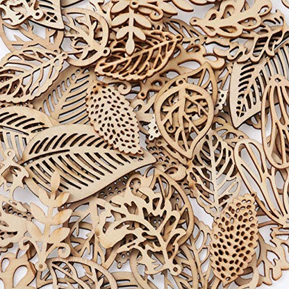 FASHEWELRY 80Pcs Unfinished Leaf Wooden Earrings Pendants 8 Styles Natural Filigree Hollow Wood Leaf Charms with 80Pcs Jump Rings & 80Pcs Earring