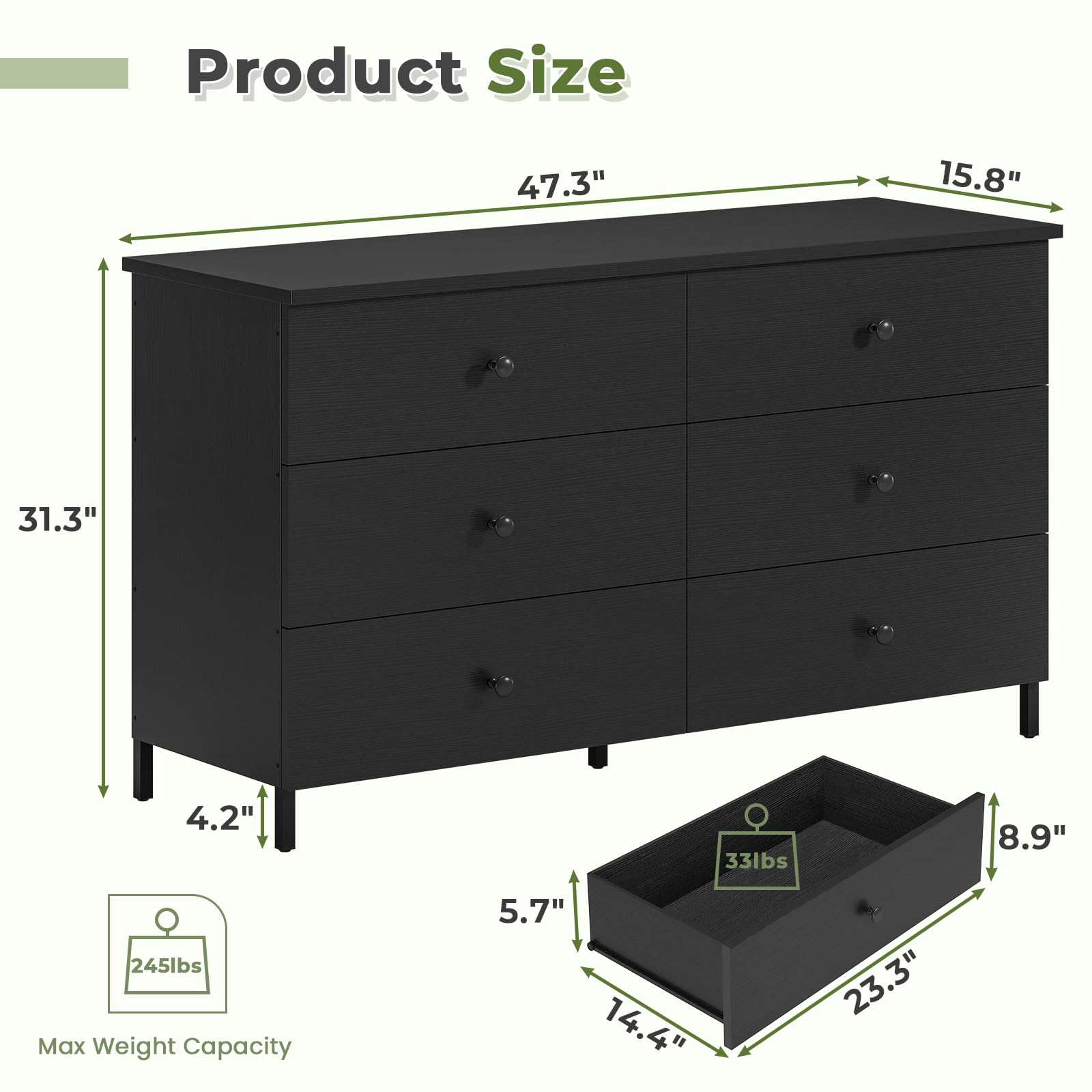 Hasuit 6 Drawers Double Dresser, Wooden Dresser with Heavy Sturdy Steel Frame, Large Capacity Storage Chest of Drawers, Black Dresser for Bedroom, - WoodArtSupply