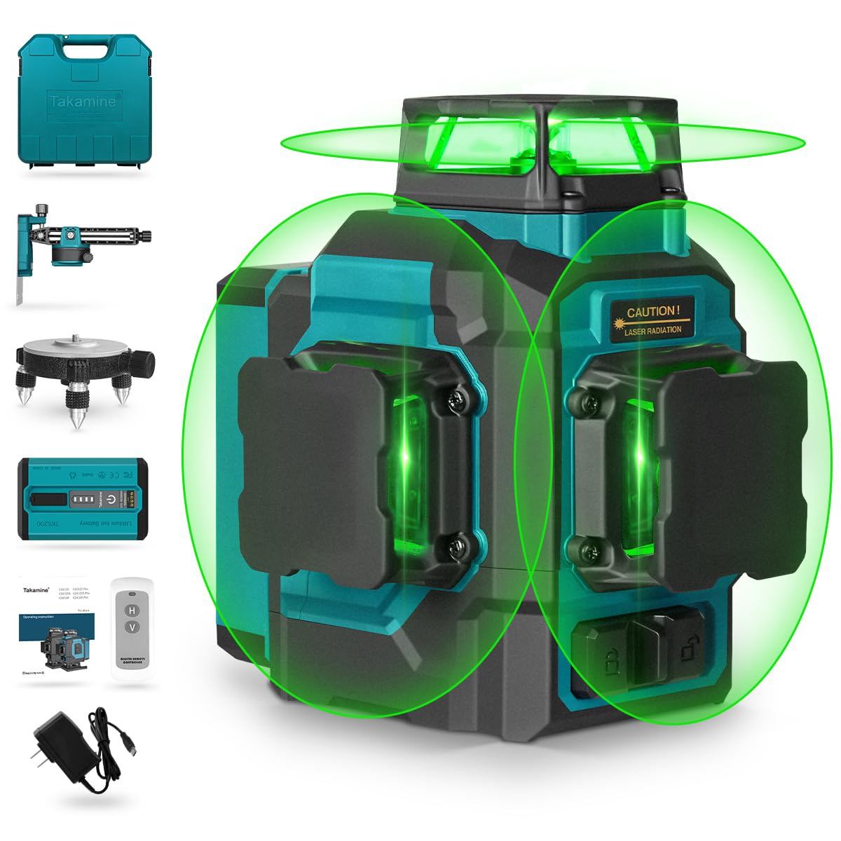 Takamine 3x360° 12 Lines Self Leveling Green Laser Level, 3D Cross Line for Construction/Picture Hanging with Removable Li-ion Battery, Remote Takamine
