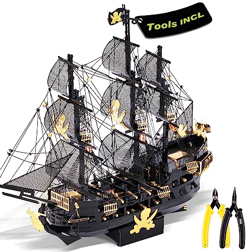 Piececool 3D Metal Puzzles for Adults, Black Pearl Pirate Ship Model Kits with DIY Tools, Watercraft Metal Model Building Kit for Birthday - WoodArtSupply