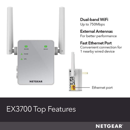 NETGEAR Wi-Fi Range Extender EX3700 - Coverage Up to 1000 Sq Ft and 15 Devices with AC750 Dual Band Wireless Signal Booster & Repeater (Up to 750Mbps - WoodArtSupply